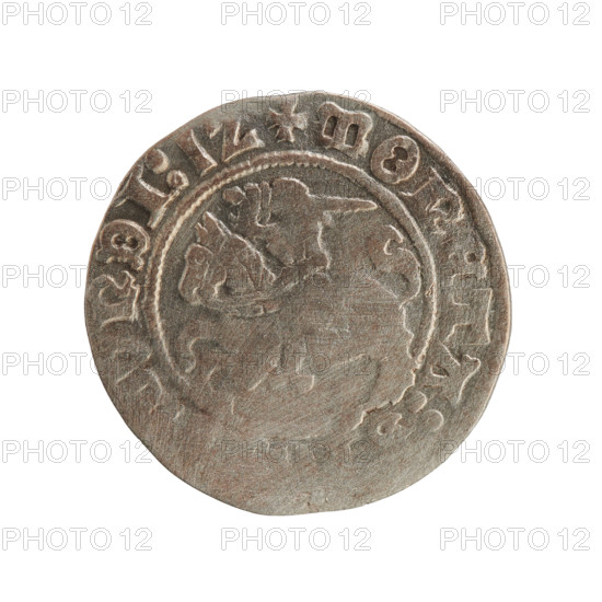 Lithuanian half-grosz, Sigismund I the Old (King of Poland; 1506–1548), Jagiellon dynasty. Obverse: Pogon (mounted knight) turned to the left; in the rim between pearl-shaped borders an inscription: + COIN:S, MVNDI:1Z. Reverse: Polish crowned eagle; in the rim between pearl-shaped borders an inscription: NI:DVCIS:LITVAN, 1512. Grand Duchy of Lithuania, Vilnius. Coin; diameter 19.4–20.0 mm, weight 1.22 g.