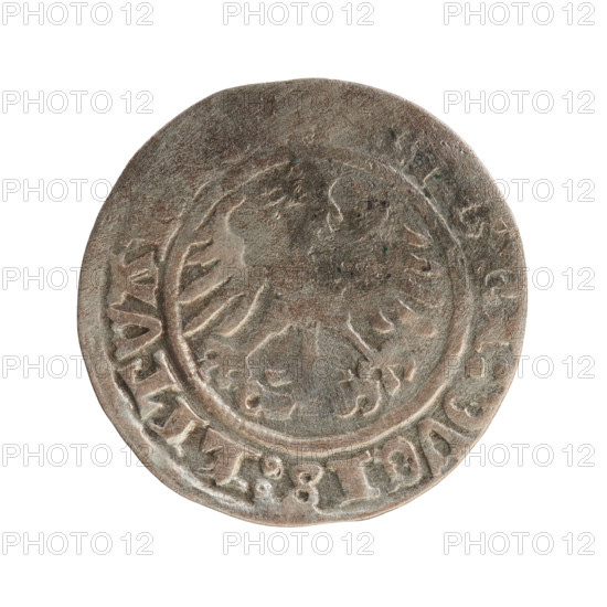 Lithuanian half-grosz, Sigismund I the Old (King of Poland; 1506–1548), Jagiellon dynasty. Obverse: Pogon (Lithuanian coat of arms) turned to the left; in the rim between pearl-shaped borders an inscription: + COIN:S, MVNDI:1Z. Reverse: Polish crowned eagle; in the rim between pearl-shaped borders an inscription: NI:DVCIS:LITVAN, 1512. Grand Duchy of Lithuania, Vilnius. Coin; diameter 19.4–20.0 mm; weight 1.22 g.
