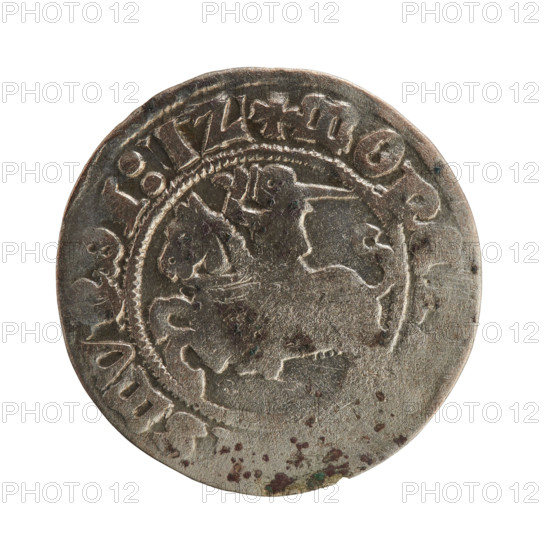 Lithuanian half-grosz, Sigismund I the Old (King of Poland; 1506–1548), Jagiellon dynasty. Obverse: Pursuer (coat of arms of Lithuania) turned left; in the rim between pearl borders an inscription: + MONE, MV, DI:1Z. Reverse: Polish crowned eagle; in the rim between pearly borders an inscription: + MA, DVCIS:LITVA, :, 1512. Grand Duchy of Lithuania, Vilnius. Coin; diameter 19.8–20.0 mm; weight 1.18 g.
