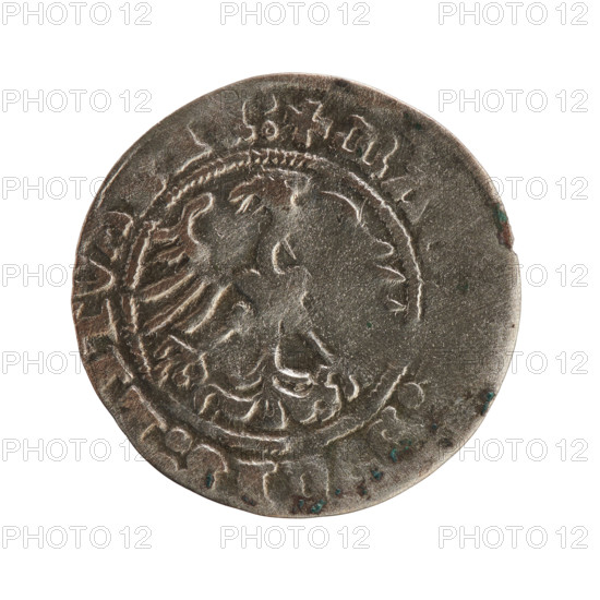 Lithuanian half-grosz, Sigismund I the Old (King of Poland; 1506–1548), Jagiellon dynasty. Obverse: Pursuer (coat of arms of Lithuania) turned left; in the rim between pearl borders an inscription: + MONE, MV, DI:1Z. Reverse: Polish crowned eagle; in the rim between pearly borders an inscription: + MA, DVCIS:LITVA, :, 1512. Date: 1512. Materials/format: coin (half-grosz), Grand Duchy of Lithuania (Vilnius). Dimensions: diameter ~19.8–20.0 mm; weight 1.18 g.