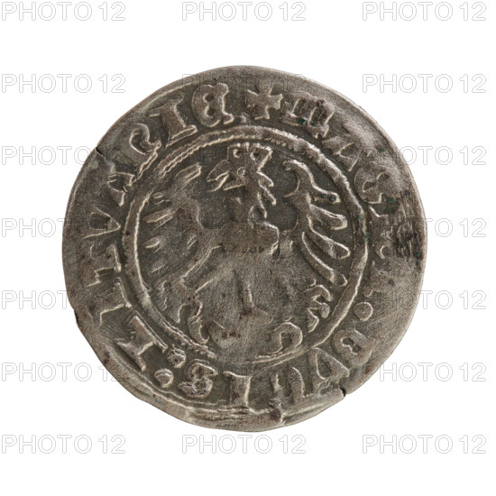 Lithuanian half-grosz, Sigismund I the Old (King of Poland; 1506–1548), Jagiellon dynasty. Obverse: Pogon (Lithuanian coat of arms) turned left; in the rim between pearly borders an inscription: + MONETA:, DI:1Z. Reverse: Polish crowned eagle; in the rim between pearly borders an inscription: + MAGN, DVCIS:LITVANIE, 1512. Grand Duchy of Lithuania, Vilnius. Coin; diameter 19.8–20.0 mm; weight 1.15 g.