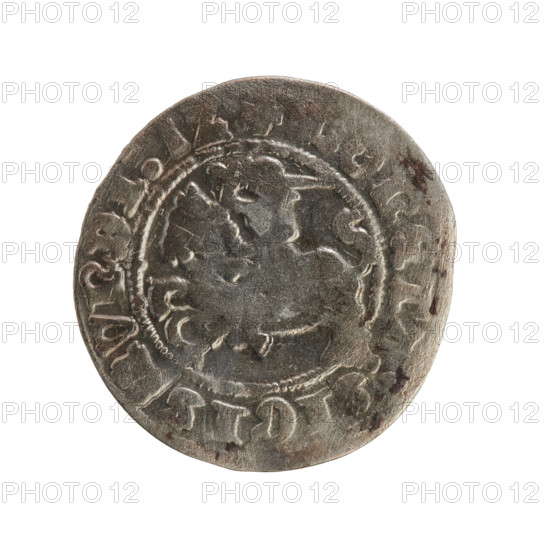 Lithuanian half-grosz, Sigismund I the Old (King of Poland; 1506–1548), Jagiellon dynasty. Obverse: Pursuer (coat of arms of Lithuania) turned left; in the rim between pearl borders an inscription: +ONETA:SIGIS,VNDI,1Z:. Reverse: Polish crowned eagle; in the rim between pearl borders an inscription: +MAGNI:,VCI,VANIE,1512. Grand Duchy of Lithuania, Vilnius. Coin. Diameter 19.4–20.4 mm; weight 1.17 g.