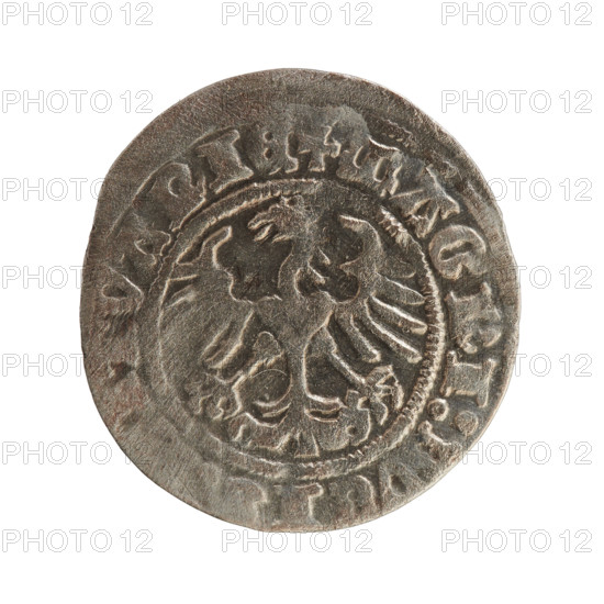 Lithuanian half-grosz, Sigismund I the Old (King of Poland; r. 1506–1548), Jagiellon dynasty. Obverse: Pursuer (coat of arms of Lithuania) turned left; in the rim between pearl borders an inscription: + ONETA:SIGIS, VNDI, 1Z:. Reverse: Polish crowned eagle; in the rim between pearl borders an inscription: + MAGNI:, VCI, VANIE, 1512. Grand Duchy of Lithuania, Vilnius. Silver coin; diameter 19.4–20.4 mm, weight 1.17 g.