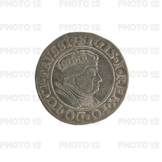 Prussian grosz, Sigismund I the Old (King of Poland; 1506–1548). Obverse: Crowned male bust in profile turned to the right; in the rim between pearl borders an inscription: .SIGIS.I.REX.PO.DO.TOCI.PRVSSI Rw. Reverse: The Eagle of Royal Prussia; in the rim between the pearl borders the inscription: .GROSS.COMV.TERR.PRVSSIE.1534. Date: 1534. Material: coin. Place: Torun, Poland. Subjects/styles: Polish coins; Jagiellonian dynasty; coats of arms; eagles; royal bust; iconography of Sigismund I the Old (1467–1548).