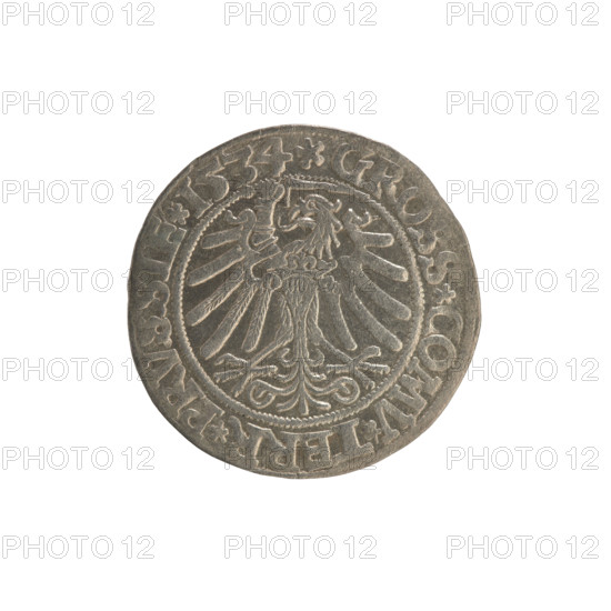 Prussian grosz, Sigismund I the Old (King of Poland; 1506–1548). Silver coin (grosz), 1534, Torun, Poland. Obverse: Crowned male/royal bust in profile turned right; rim inscription: .SIGIS.I.REX.PO.DO.TOCI.PRVSSI Rv: Eagle of Royal Prussia; rim inscription: .GROSS.COMV.TERR.PRVSSIE.1534. Subjects: Jagiellonian dynasty, coats of arms, eagles, royal bust; iconography of Sigismund I the Old.