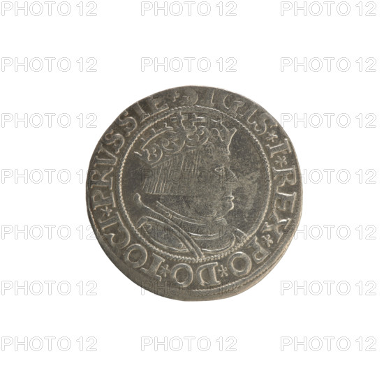 Prussian grosz, Sigismund I the Old (King of Poland; 1506–1548); Polish coin, Jagiellonian dynasty. Obverse: Crowned male bust in profile turned to the right; in the rim between pearl borders the inscription: .SIGIS.I.REX.PO.DO.TOCI.PRVSSIE. Reverse: The Eagle of Royal Prussia; in the rim between the pearl borders the inscription: .GROSS.COMV.TERR.PRVSSIE.1534. Date: 1534. Place: Torun, Poland. Subjects: coats of arms, eagles, male/royal bust; iconography of Sigismund I the Old.