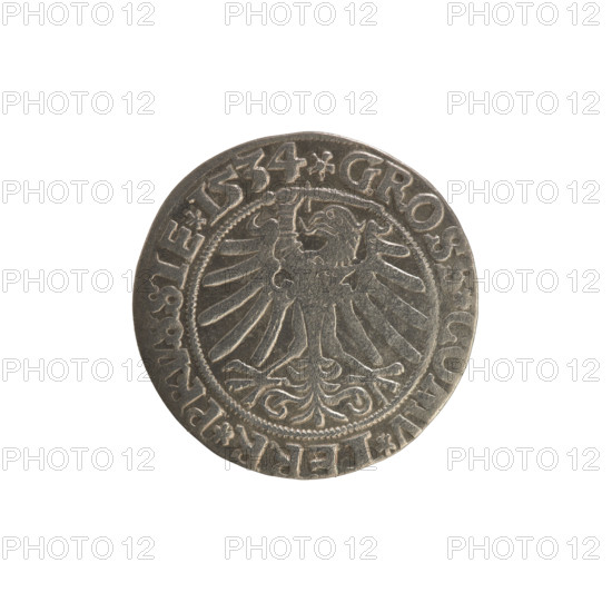 Prussian grosz, Sigismund I the Old (King of Poland; 1506–1548). Silver coin (grosz), 1534, Torun, Poland. Obverse: Crowned male bust in profile turned to the right; in the rim between pearl borders the inscription: .SIGIS.I.REX.PO.DO.TOCI.PRVSSIE. Reverse: The Eagle of Royal Prussia; in the rim between the pearl borders the inscription: .GROSS.COMV.TERR.PRVSSIE. Subjects/attributes: Polish coin, Jagiellonian dynasty; coats of arms, eagles; royal/male bust; iconography of Sigismund I the Old.