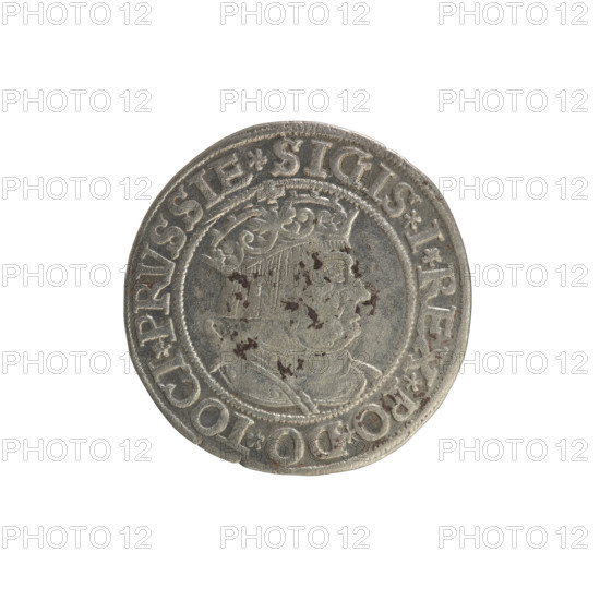 Prussian grosz, Sigismund I the Old (King of Poland; 1506–1548). Obverse: Crowned male bust in profile turned to the right; in the rim between pearl borders an inscription: .SIGIS.I.REX.PO.DO.TOCI.PRVSSIE. Reverse: The Eagle of Royal Prussia; in the rim between the pearl borders the inscription: .GROSS.COMV.TERR.PRVSSIE. 1534. Poland, Torun. Subjects: Polish coins; Jagiellonian dynasty; coats of arms; eagles; royal/male bust; iconography of Sigismund I the Old. Materials/format: coin.