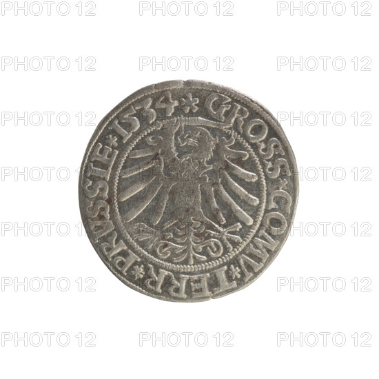 Prussian grosz, Sigismund I the Old (King of Poland; 1506–1548). Obv.: Crowned male bust in profile turned to the right; in the rim between pearl borders an inscription: .SIGIS.I.REX.PO.DO.TOCI.PRVSSIE. Rev.: The Eagle of Royal Prussia; in the rim between the pearl borders the inscription: .GROSS.COMV.TERR.PRVSSIE.1534. 1534. Poland, Torun. Subjects: Polish coins; Jagiellonians (dynasty); coats of arms; eagles; male and royal busts; Sigismund I the Old — iconography. Materials: coin.