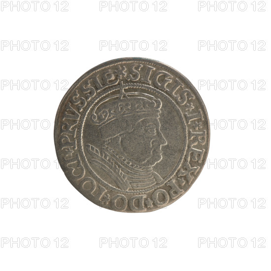 Prussian grosz, Sigismund I the Old (King of Poland; 1506–1548). Silver coin (grosz), 1534, Torun, Poland. Obverse: Crowned male royal bust in profile turned to the right; rim between pearl borders with inscription '.SIGIS.I.REX.PO.DO.TOCI.PRVSSIE'. Reverse: The Eagle of Royal Prussia; rim between pearl borders with inscription '.GROSS.COMV.TERR.PRVSSIE.1534'. Subjects/icons: Jagiellonian dynasty, coats of arms, eagles, royal male bust; iconography of Sigismund I the Old.