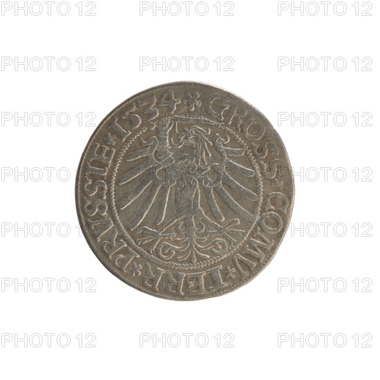 Prussian grosz, Sigismund I the Old (King of Poland; 1506–1548). Silver coin (grosz), 1534, Torun, Poland. Obverse: Crowned royal bust of Sigismund I in profile facing right; rim between pearl borders inscribed '.SIGIS.I.REX.PO.DO.TOCI.PRVSSIE'. Reverse: The Eagle of Royal Prussia; rim between pearl borders inscribed '.GROSS.COMV.TERR.PRVSSIE.1534'. Subjects: Polish coins; Jagiellonian dynasty; coats of arms; eagles; royal/male bust; iconography of Sigismund I.