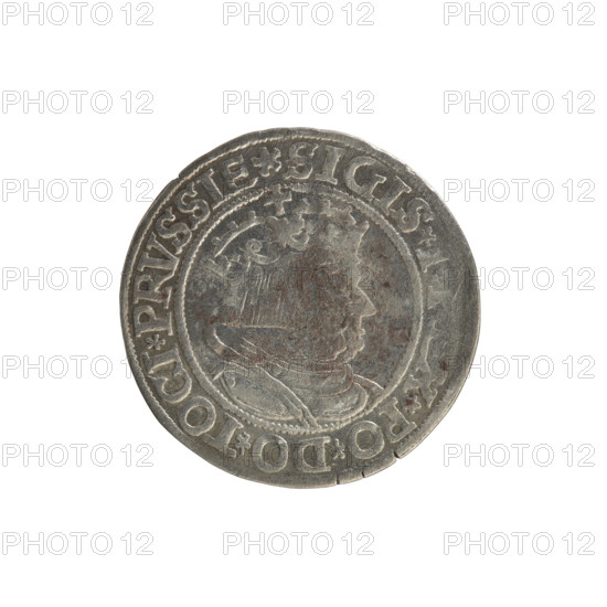 Prussian grosz, Sigismund I the Old (King of Poland; 1506–1548). Silver coin (grosz), 1534, Torun, Poland. Obverse: Crowned male bust in profile turned to the right; in the rim between pearly borders an inscription: .SIGIS.I., EX.PO.DO.TOCI.PRVSSIE. Reverse: The Eagle of Royal Prussia; in the rim between the pearl borders the inscription: .GROSS.COMV.TERR.PR, SIE.1534. Subjects/themes: Polish coins; Jagiellon dynasty; coats of arms; eagles; royal bust; iconography of Sigismund I the Old.