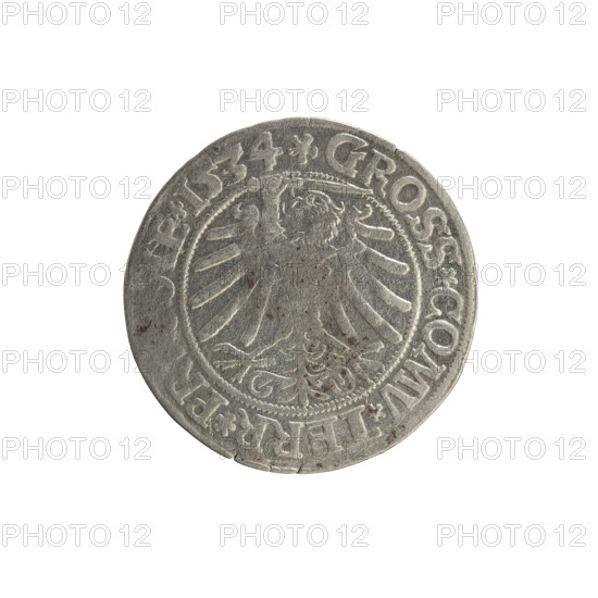 Prussian grosz, Sigismund I the Old (King of Poland; 1506–1548). Polish coin (Jagiellon dynasty). Obverse: Crowned royal male bust in profile turned to the right; in the rim between pearly borders an inscription: .SIGIS.I., EX.PO.DO.TOCI.PRVSSIE. Reverse: The Eagle of Royal Prussia; in the rim between the pearly borders the inscription: .GROSS.COMV.TERR.PR.SIE.1534. Minted 1534, Torun, Poland.