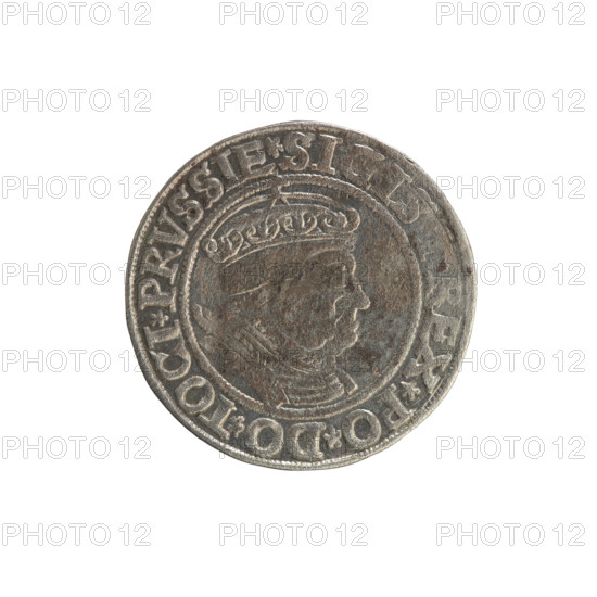 Prussian grosz, Sigismund I the Old (King of Poland; 1506–1548). Silver coin (grosz), 1534, Torun, Poland. Obverse: Crowned male royal bust in profile facing right; rim between pearl borders with inscription '.SIGI, REX.PO.DO.TOCI.PRVSSIE'. Reverse: Eagle of Royal Prussia; rim between pearl borders with inscription '.GROSS.COMV.TERR.PRVSSIE.1534'. Iconography: coats of arms, eagles, royal male bust; Jagiellon dynasty.