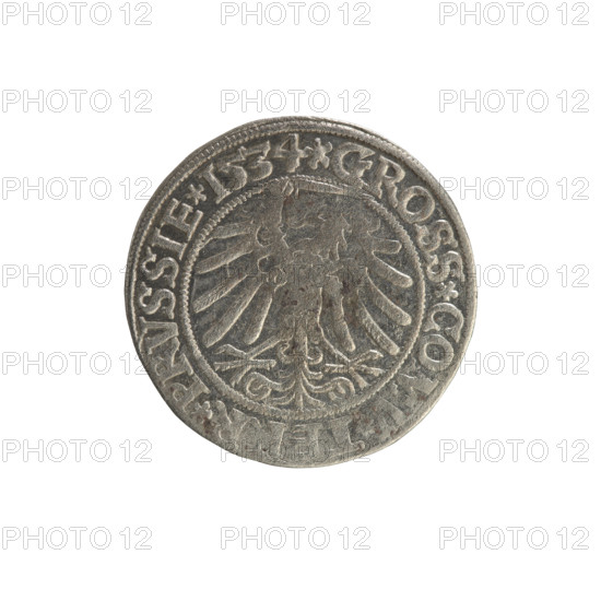 Prussian grosz, Sigismund I the Old (King of Poland; 1506–1548). Obverse: Crowned male bust in profile turned to the right; in the rim between pearl borders an inscription: .SIGI, REX.PO.DO.TOCI.PRVSSIE. Reverse: The Eagle of Royal Prussia; in the rim between the pearl borders the inscription: .GROSS.COMV.TERR.PRVSSIE. Date: 1534. Material: coin. Place: Torun, Poland. Subjects/attributes: Polish coin, Jagiellon dynasty, coats of arms, eagles, royal bust, iconography of Sigismund I the Old.