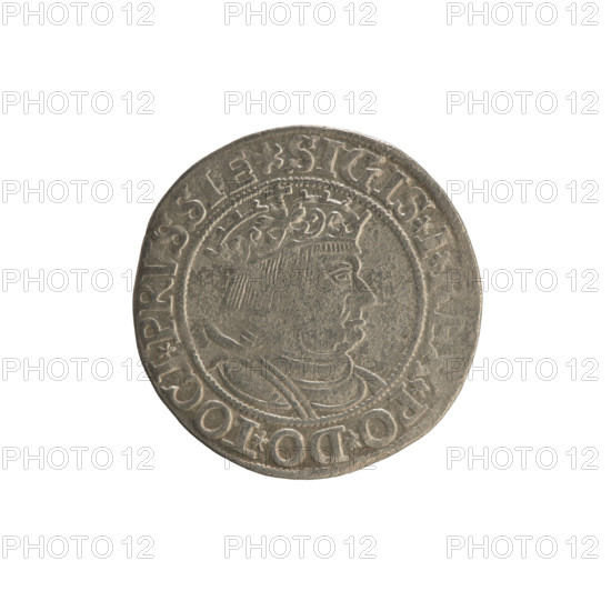Prussian grosz, Sigismund I the Old (King of Poland; 1506–1548). Silver coin (grosz), 1534, Torun, Poland. Obverse: crowned male bust in profile turned to the right; rim inscription: .SIGIS.I., .PO.DO.TOCI.PRVSSIE. Reverse: the Eagle of Royal Prussia; rim inscription: .GROSS.COMV., .PRVSSIE. Subjects/attributes: Polish coin, Jagiellonian dynasty, coats of arms, eagles (Eagle coat of arms), royal/male bust; iconography of Sigismund I the Old.