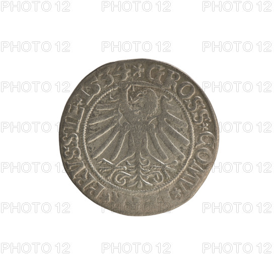 Prussian grosz, Sigismund I the Old (King of Poland; r. 1506–1548). Polish coin (1534), Torun. Obverse: Crowned male bust in profile turned to the right; in the rim between pearly borders an inscription: .SIGIS.I., .PO.DO.TOCI.PRVSSIE. Reverse: The Eagle of Royal Prussia; in the rim between the pearl borders the inscription: .GROSS.COMV., .PRVSSIE.1534.