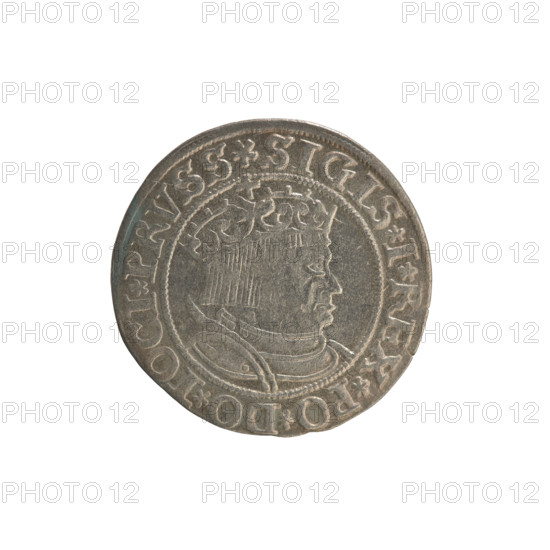 Prussian grosz, Sigismund I the Old (King of Poland; 1506–1548). Silver coin (grosz), 1534, Torun, Poland. Obverse: Crowned male bust in profile facing right; in the rim between pearl borders an inscription: .SIGIS.I.REX.PO.DO.TOCI.PRVSS Rw. Reverse: The Eagle of Royal Prussia; in the rim between the pearl borders the inscription: .GROSS.COMV.TERR.PRVSSIE.