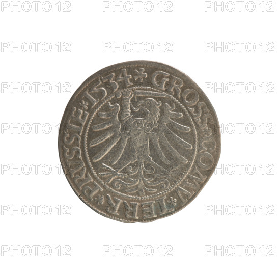 Prussian grosz, Sigismund I the Old (King of Poland; 1506–1548), 1534. Silver coin (grosz). Obverse: Crowned male royal bust in profile turned to the right; rim inscription: .SIGIS.I.REX.PO.DO.TOCI.PRVSS. Reverse: The Eagle of Royal Prussia; rim inscription: .GROSS.COMV.TERR.PRVSSIE.1534. Poland, Torun. Subjects: Jagiellon dynasty, coats of arms, eagles, royal bust; iconography of Sigismund I the Old.