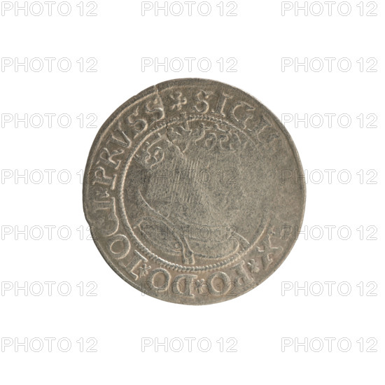 Prussian grosz, Sigismund I the Old (King of Poland; 1506–1548). Obverse: Crowned male bust in profile turned to the right; rim between pearly borders with inscription: .SIGI, EX.PO.DO.TOCI.PRVSS. Reverse: Eagle of Royal Prussia; rim between pearly borders with inscription: .GROSS.COMV.TE, VSSIE.1534. 1534. Polish coin, Torun. Subjects/themes: Jagiellonians (dynasty), coats of arms, eagles, male/royal bust; iconography of Sigismund I the Old. Materials: coin (grosz).