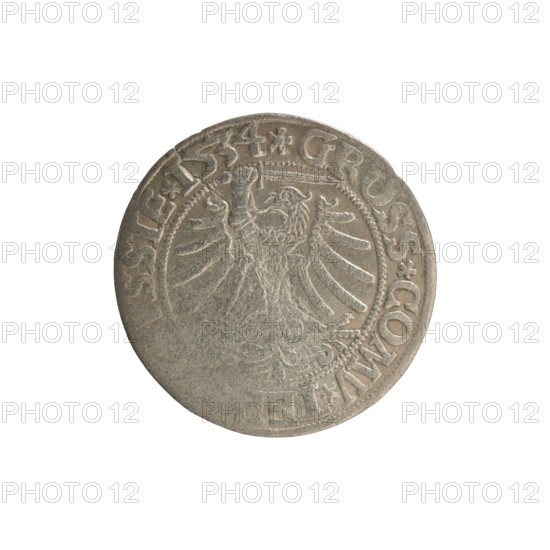 Prussian grosz, Sigismund I the Old (King of Poland; 1506–1548), Polish coin, Jagiellonian dynasty. Obverse: Crowned male bust in profile turned to the right; in the rim between pearly borders an inscription: .SIGI, EX.PO.DO.TOCI.PRVSS. Reverse: Eagle of Royal Prussia; in the rim between pearly borders an inscription: .GROSS.COMV.TE, VSSIE. 1534. Minted 1534, Torun, Poland.