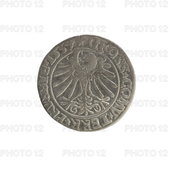 Prussian grosz, Sigismund I the Old (King of Poland; 1506–1548). Polish coin (Jagiellonian dynasty). Obverse: Crowned male bust in profile turned to the right; in the rim between pearl borders an inscription: .SIGIS.I.REX.PO.DO.TOCI.PRVSSIE. Reverse: The Eagle of Royal Prussia; in the rim between the pearl borders the inscription: .GROSS.COMV.TERR.PRVSSIE. 1534. Torun, Poland.
