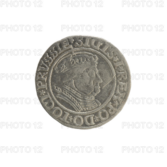 Prussian grosz, Sigismund I the Old (King of Poland; 1506–1548). Silver coin (grosz), 1534, Torun, Poland. Obverse: crowned male bust in profile facing right; in the rim between pearl borders an inscription: .SIGIS.I.REX.PO.DO.TOCI.PRVSSIE. Reverse: the Eagle of Royal Prussia; in the rim between the pearl borders the inscription: .GROSS.COMV.TERR.PRVSSIE. Subjects/themes: Polish coins, Jagiellonian dynasty, coats of arms, eagles, royal bust, iconography of Sigismund I the Old.