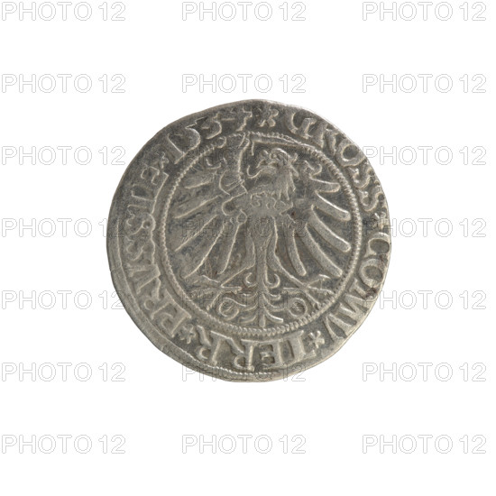 Prussian grosz, Sigismund I the Old (King of Poland; 1506–1548), Polish coin, Jagiellonian dynasty; coats of arms, eagles; obverse: crowned male bust in profile turned right, in rim between pearl borders an inscription: .SIGIS.I.REX.PO.DO.TOCI.PRVSSIE; reverse: the Eagle of Royal Prussia, in rim between pearl borders the inscription: .GROSS.COMV.TERR.PRVSSIE.1534; dated 1534; Torun, Poland.