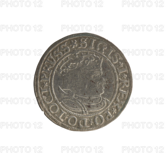 Prussian grosz, Sigismund I the Old (King of Poland; 1506–1548), 1534. Coin (Torun, Poland). Obverse: Crowned male bust in profile turned to the right; in the rim between pearl borders an inscription: .SIGIS.I.REX.PO.DO.TOCI.PRVSS Rv: The Eagle of Royal Prussia; in the rim between the pearl borders the inscription: .GROSS.COMV.TERR.PRVSSIE.