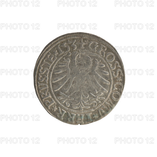 Prussian grosz, Sigismund I the Old (King of Poland; r. 1506–1548), 1534. Obverse: Crowned male bust in profile turned to the right, in the rim between pearl borders an inscription: .SIGIS.I.REX.PO.DO.TOCI.PRVSS. Reverse: The Eagle of Royal Prussia, in the rim between the pearl borders the inscription: .GROSS.COMV.TERR.PRVSSIE. Material: coin; place: Torun, Poland. Subjects: Polish coinage, Jagiellon dynasty, coats of arms, eagles, royal bust, iconography of Sigismund I the Old.