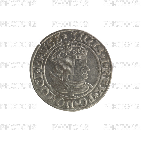 Prussian grosz of Sigismund I the Old (King of Poland, r. 1506–1548), 1534. Obverse: crowned male bust in profile facing right; rim inscription: .SIGIS.I.REX.PO.DO.TOCI.PRVSS. Reverse: the Eagle of Royal Prussia; rim inscription: .GROSS.COMV.TERR.PRVSSIE. Materials: silver coin. Place: Torun, Poland. Subjects/icons: coats of arms, eagles, royal bust; iconography of Sigismund I the Old.