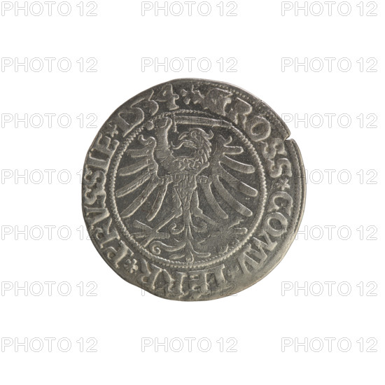 Prussian grosz, Sigismund I the Old (King of Poland; 1506–1548); Polish coin; Jagiellon dynasty; coats of arms; eagles; male royal bust; iconography of Sigismund I the Old (1467–1548). Obverse: Crowned male bust in profile facing right; rim between pearl borders with inscription '.SIGIS.I.REX.PO.DO.TOCI.PRVSS Rw.' Reverse: The Eagle of Royal Prussia; rim between pearl borders with inscription '.GROSS.COMV.TERR.PRVSSIE.1534.' Dated 1534; Torun, Poland; coin.