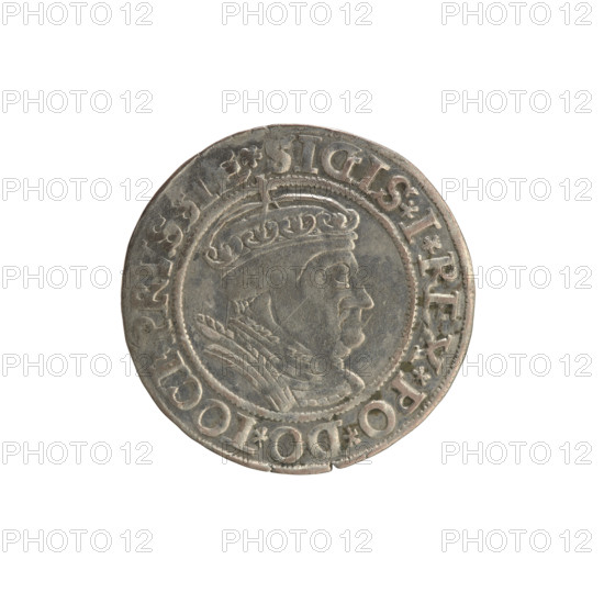 Prussian grosz, Sigismund I the Old (King of Poland; r. 1506–1548); Polish coin, Jagiellonian dynasty. Obverse: Crowned male bust in profile turned to the right; in the rim between pearl borders an inscription: .SIGIS.I.REX.PO.DO.TOCI.PRVSSIE. Reverse: The Eagle of Royal Prussia; in the rim between the pearl borders the inscription: .GROSS.COMV.TERR.PRVSSIE. Date: 1534. Place: Torun, Poland.