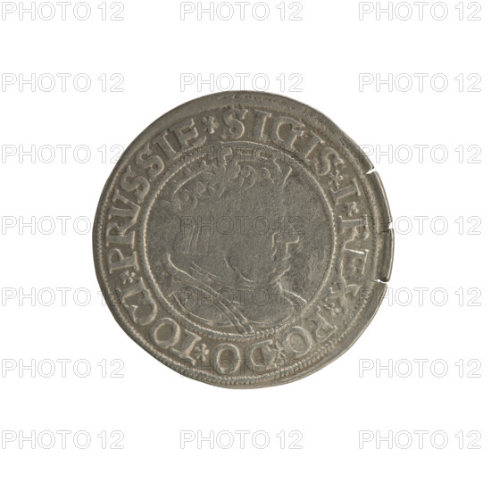 Prussian grosz, Sigismund I the Old (King of Poland; 1506–1548). Silver coin (grosz), 1534, Torun, Poland. Obverse: Crowned male (royal) bust in profile turned to the right; in the rim between pearl borders the inscription: .SIGIS.I.REX.PO.DO.TOCI.PRVSSIE. Reverse: The Eagle of Royal Prussia; in the rim between the pearl borders the inscription: .GROSS.COMV.TERR.PRVSSIE. Subject/iconography: Sigismund I the Old, coats of arms, eagles, royal bust; Jagiellonian dynasty.
