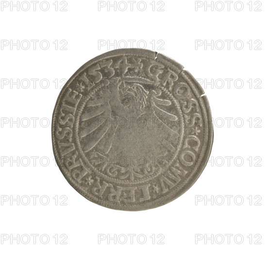 Prussian grosz, Sigismund I the Old (King of Poland; 1506–1548); Polish coin, Jagiellonian dynasty. Obverse: crowned male bust in profile turned to the right; in the rim between pearl borders an inscription: .SIGIS.I.REX.PO.DO.TOCI.PRVSSIE. Reverse: the Eagle of Royal Prussia; in the rim between the pearl borders the inscription: .GROSS.COMV.TERR.PRVSSIE. Dated 1534. Torun, Poland.