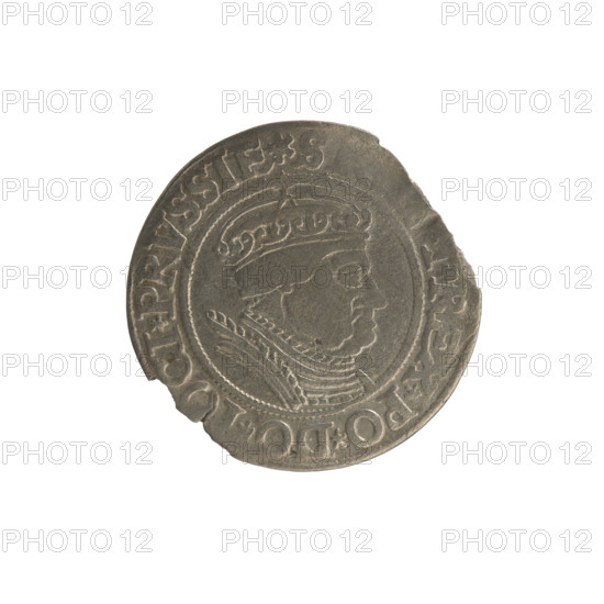 Prussian grosz, Sigismund I the Old (King of Poland; 1506–1548). Polish coin (1534), Jagiellonian dynasty. Obverse: crowned male bust in profile turned right; rim between pearly borders inscribed 'S. I. REX. PO. DO.' and 'OCI. PRVSSIE'. Reverse: the Eagle of Royal Prussia; rim between pearly borders inscribed '.GR, SS. COMV. SSIE. 1534'. Torun, Poland.
