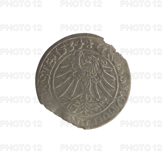 Prussian grosz, Sigismund I the Old (King of Poland; 1506–1548). Silver coin (grosz), 1534, Torun, Poland. Obverse: Crowned male royal bust in profile turned right, rim between pearly borders with inscription 'S. I. REX. PO. DO. OCI. PRVSSIE'. Reverse: The Eagle of Royal Prussia, rim between pearly borders with inscription 'GR SS. COMV. SSIE. 1534'. Subjects/attributes: Polish coins; Jagiellonians (dynasty); coats of arms; eagles; royal bust; iconography of Sigismund I the Old.