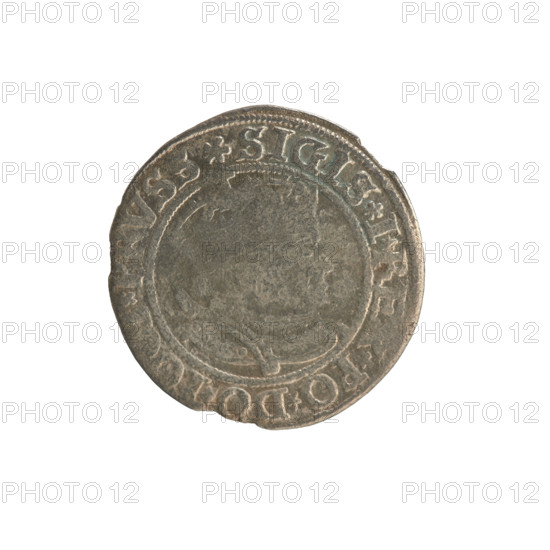 Prussian grosz, Sigismund I the Old (King of Poland; 1506–1548). Silver coin (grosz), 1534, Torun, Poland. Obverse: Crowned male bust in profile turned to the right; in the rim between pearl borders an inscription: .SIGIS.I.REX.PO.DO.TOCI.PRVSS. Reverse: The Eagle of Royal Prussia; in the rim between the pearl borders the inscription: .GROSS.COMV.TERR.PRVSSIE.