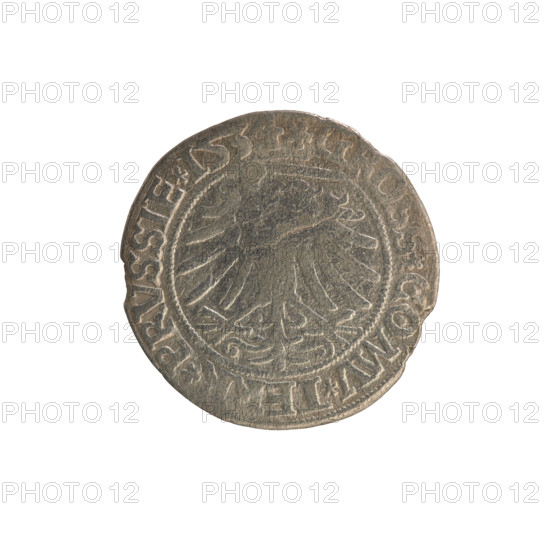 Prussian grosz, Sigismund I the Old (King of Poland; 1506–1548). Obverse: crowned male bust in profile turned to the right; in the rim between pearl borders an inscription: .SIGIS.I.REX.PO.DO.TOCI.PRVSS Rv: The Eagle of Royal Prussia; in the rim between the pearl borders the inscription: .GROSS.COMV.TERR.PRVSSIE.1534. Dated 1534. Poland, Torun. Subjects: Polish coins; Jagiellon dynasty; coats of arms; eagles; royal bust; iconography of Sigismund I the Old. Materials/function: coin.