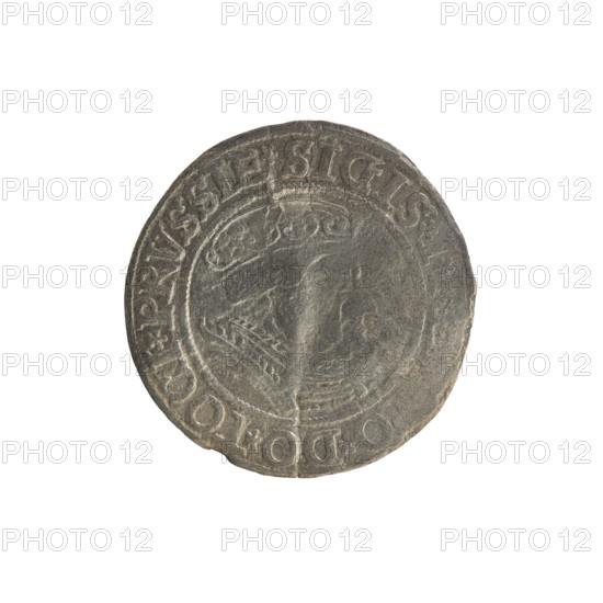Prussian grosz, Sigismund I the Old (King of Poland; 1506–1548). Polish coin (1534). Obverse: Crowned male bust in profile turned to the right; in the rim between pearl borders an inscription: .SIGIS.I, O.DO.TOCI.PRVSSIE. Reverse: The Eagle of Royal Prussia; in the rim between the pearl borders the inscription: .GROSS.COMV.TERR., .1534. Minted in Torun, Poland.