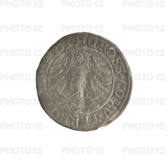 Prussian grosz, Sigismund I the Old (King of Poland; 1506–1548). Silver coin (grosz), 1534, Torun, Poland. Obverse: Crowned male bust in profile turned to the right; in the rim between pearl borders an inscription: .SIGIS.I, O.DO.TOCI.PRVSSIE. Reverse: The Eagle of Royal Prussia; in the rim between the pearl borders the inscription: .GROSS.COMV.TERR., .1534. Subjects/topics: Polish coins; Jagiellon dynasty; coats of arms; eagles; royal bust; iconography of Sigismund I the Old.