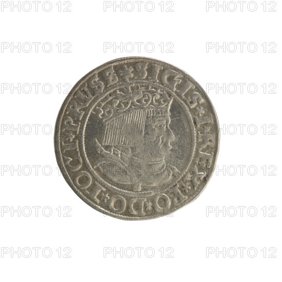 Prussian grosz, Sigismund I the Old (King of Poland; 1506–1548). Obverse: Crowned male bust in profile turned to the right; rim between pearl borders inscribed '.SIGIS.I.REX.PO.DO.TOCI.PRVSS'. Reverse: The Eagle of Royal Prussia; rim between pearl borders inscribed '.GROSS.COMV.TERR.PRVSSIE.1534'. 1534. Torun, Poland.