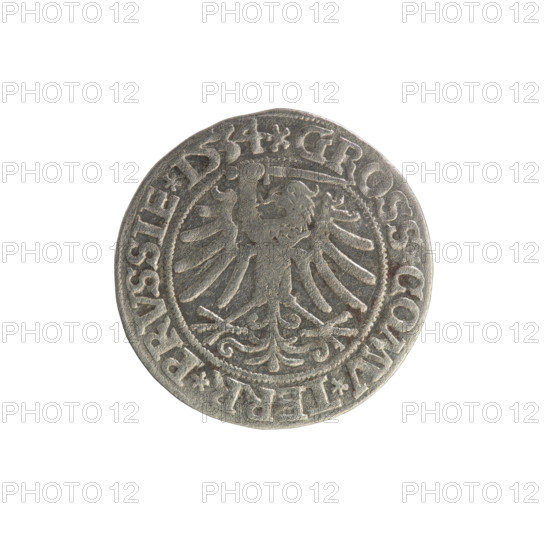 Prussian grosz, Sigismund I the Old (King of Poland; 1506–1548). Coin (grosz), 1534, Torun, Poland. Obverse: Crowned male bust in profile turned to the right; in the rim between pearl borders an inscription: .SIGIS.I.REX.PO.DO.TOCI.PRVSS Rw. Reverse: The Eagle of Royal Prussia; in the rim between the pearl borders the inscription: .GROSS.COMV.TERR.PRVSSIE.1534. Iconography: coats of arms, eagles, royal/male bust, Jagiellon dynasty.