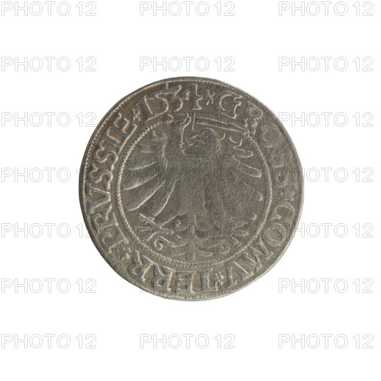 Prussian grosz, Sigismund I the Old (King of Poland; 1506–1548), Polish coin; Jagiellonian dynasty; coats of arms; eagles; male royal bust; iconography of Sigismund I the Old (1467–1548). Obverse: Crowned male bust in profile facing right; in the rim between pearl borders an inscription: .SIGIS.I.REX.PO.DO.TOCI.PRVSSIE. Reverse: The Eagle of Royal Prussia; in the rim between the pearl borders the inscription: .GROSS.COMV.TERR.PRVSSIE.1534. Minted 1534, Torun, Poland.