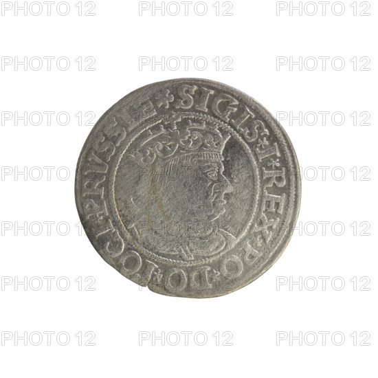 Prussian grosz, Sigismund I the Old (King of Poland; 1506–1548). Polish coin (1534), Torun. Obverse: Crowned male bust in profile turned to the right; in the rim between pearl borders an inscription: .SIGIS.I.REX.PO.DO.TOCI.PRVSSIE. Reverse: The Eagle of Royal Prussia; in the rim between the pearl borders the inscription: .GROSS.COMV.TERR.PRVSSIE. Materials: coin; iconography includes coats of arms, eagles, royal/male bust.