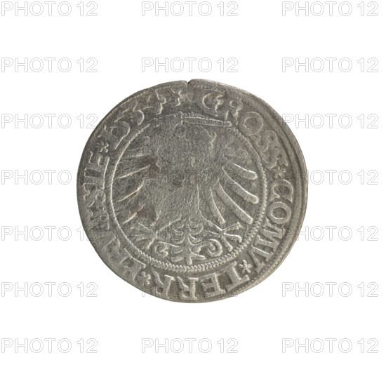 Prussian grosz, Sigismund I the Old (King of Poland; 1506–1548); Polish coin; Jagiellonian dynasty; coats of arms; eagles; Eagle (coat of arms); male bust; royal bust; Sigismund I the Old (1467–1548) — iconography. Obv.: Crowned male bust in profile turned to the right; in the rim between pearl borders an inscription: .SIGIS.I.REX.PO.DO.TOCI.PRVSSIE. Rev.: The Eagle of Royal Prussia; in the rim between the pearl borders the inscription: .GROSS.COMV.TERR.PRVSSIE.1534. 1534; Poland, Torun; coin.