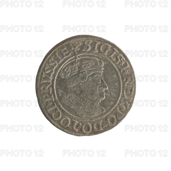 Prussian grosz, Sigismund I the Old (King of Poland; 1506–1548); Polish coin, Jagiellonian dynasty. Obverse: Crowned male bust in profile turned to the right; in the rim between pearl borders an inscription: .SIGIS.I.REX.PO.DO.TOCI.PRVSSIE. Reverse: The Eagle of Royal Prussia; in the rim between the pearl borders the inscription: .GROSS.COMV.TERR.PRVSSIE.1534. Date: 1534. Place: Torun, Poland. Subjects: coats of arms, eagles, male/royal bust, iconography of Sigismund I the Old.