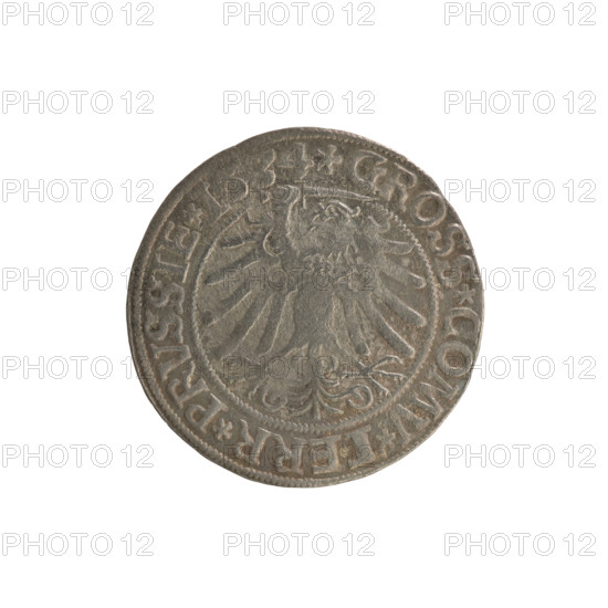 Prussian grosz, Sigismund I the Old (King of Poland; 1506–1548). Silver coin (grosz), 1534, Torun, Poland. Obverse: Crowned male bust in profile turned to the right; in the rim between pearl borders the inscription: .SIGIS.I.REX.PO.DO.TOCI.PRVSSIE. Reverse: The Eagle of Royal Prussia; in the rim between the pearl borders the inscription: .GROSS.COMV.TERR.PRVSSIE. Subjects/themes: Polish coins; Jagiellonian dynasty; coats of arms; eagles; royal/male bust; iconography of Sigismund I the Old.