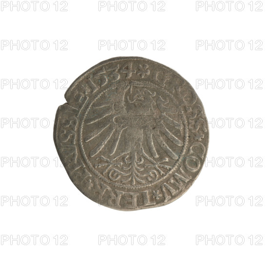 Prussian grosz, Sigismund I the Old (King of Poland; 1506–1548). Obverse: Crowned male bust in profile turned to the right; in the rim between pearl borders an inscription: .SIGIS.I.REX.PO.DO.TOCI.PRVSSI Rw. Reverse: The Eagle of Royal Prussia; in the rim between the pearl borders the inscription: .GROSS.COMV.TERR.PRVSSIE.1534. 1534. Polish coin, Torun.