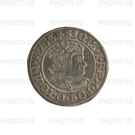 Prussian grosz, Sigismund I the Old (King of Poland; 1506–1548); Polish coin, Jagiellon dynasty. Obverse: Crowned male bust in profile turned to the right; in the rim between pearl borders an inscription: .SIGIS.I.REX.PO.DO.TOCI.PRVSS. Reverse: The Eagle of Royal Prussia; in the rim between the pearl borders the inscription: .GROSS.COMV.TERR.PRVSSIE.1534. Date: 1534. Place: Torun, Poland.